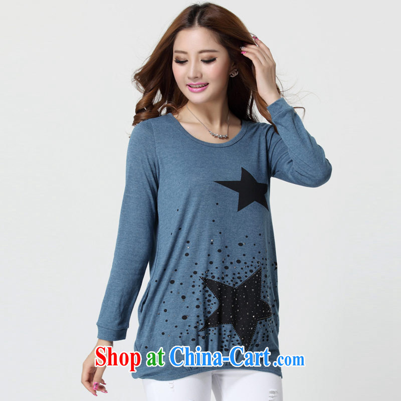 Thin (NOS) the fat and pregnant women with pure cotton stamp loose video slim, long-sleeved shirt T solid shirt D 9601 blue 4 XL 220 Jack the following through, thin (NOS), online shopping