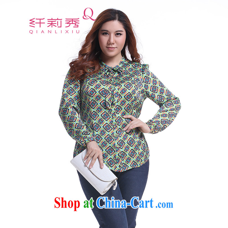 Slim Li-su fall 2014 with new, XL girls with thick mm video skinny, adoption of a geometrical stamp shirt Q 5858 green XXL