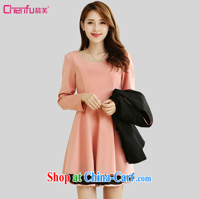 Morning would be 2015 spring new and indeed XL women mm thick lady long-sleeved beauty graphics thin dress solid color flouncing swing dress pink 5 XL recommendations 180 - 200 jack