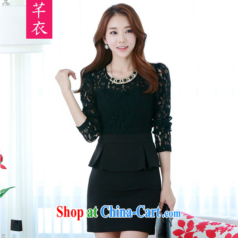 Constitution, fat, female XL 2015 spring new Korean lace round-collar stitching Stretch video thin aura long-sleeved dresses the waist lady A Field skirt black 4XL 155 - 170 jack