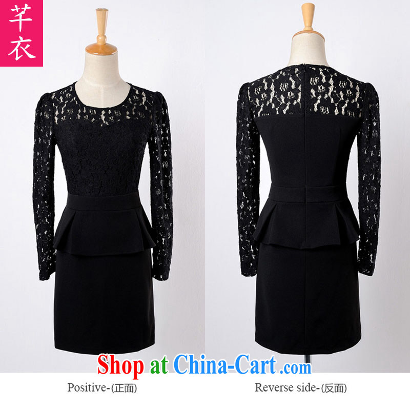Constitution, fat, female XL 2015 spring new Korean lace round-collar stitching Stretch video thin aura long-sleeved dresses the waist lady A Field skirt black 4XL 155 - 170 jack, constitution and clothing, and shopping on the Internet