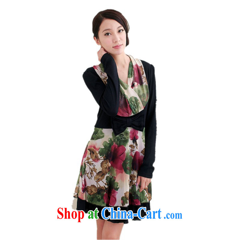 The delivery package as soon as possible by the hypertrophy, dresses Korean classic and elegant V stamp duty for stitching snow woven skirt video thin OL long-sleeved short skirts bowtie black 4XL approximately 160 - 170 jack