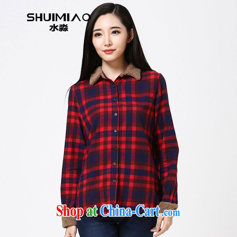 Water with Korean version the code female pure cotton tartan shirt early autumn 2014 new sweet long-sleeved shirt S DC 14 4258 blue and red cell L