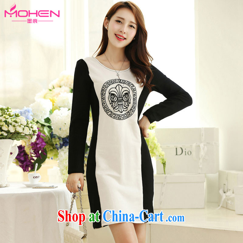 The ink marks 2015 spring new Korean version of the greater code female knocked color dress mm thick stylish personalized stamp hit color tile graphics thin long-sleeved dresses white 5XL _suitable for 180 - 200 jack_