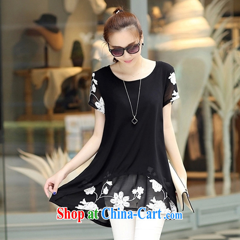 Connie Hyatt 2015 spring new Korean version thick MM large, female embroidery, long, short-sleeved snow woven shirts women 9902 black XXXL, Connie, and shopping on the Internet