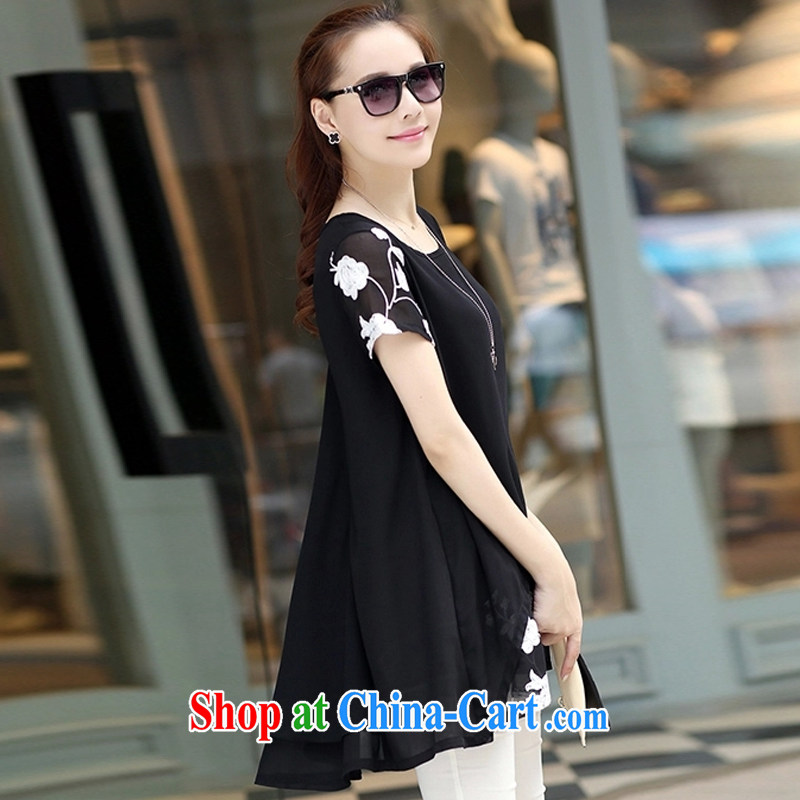 Connie Hyatt 2015 spring new Korean version thick MM large, female embroidery, long, short-sleeved snow woven shirts women 9902 black XXXL, Connie, and shopping on the Internet