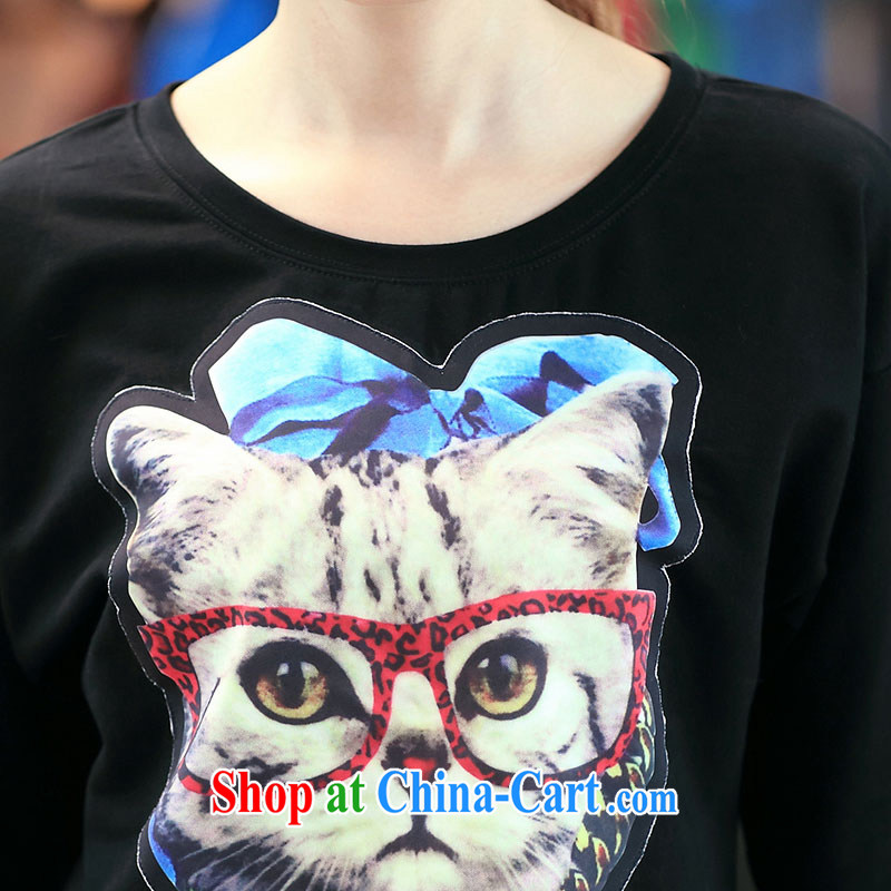 Morning would be 2015 spring new Korea and indeed increase, female 200 Jack mm thick stylish kitten stamp loose video thin long-sleeved dress black large code 5 XL, morning, and shopping on the Internet