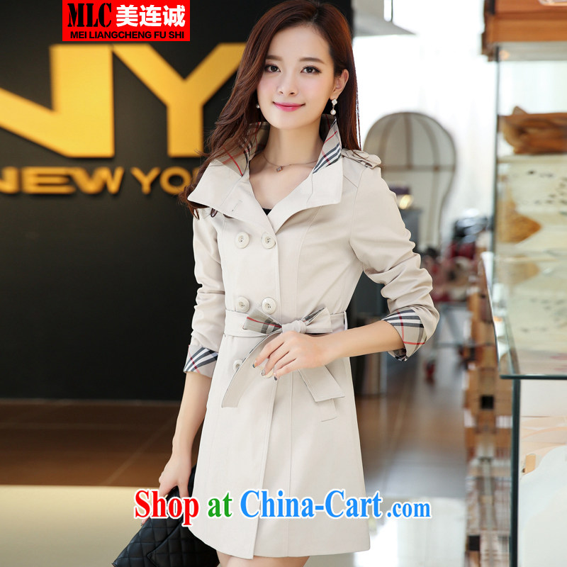 The US double-2014 autumn and the new female-yi Korean fashion lapel graphics thin style double-XL grid stitching, long trend jacket beige XXXXL
