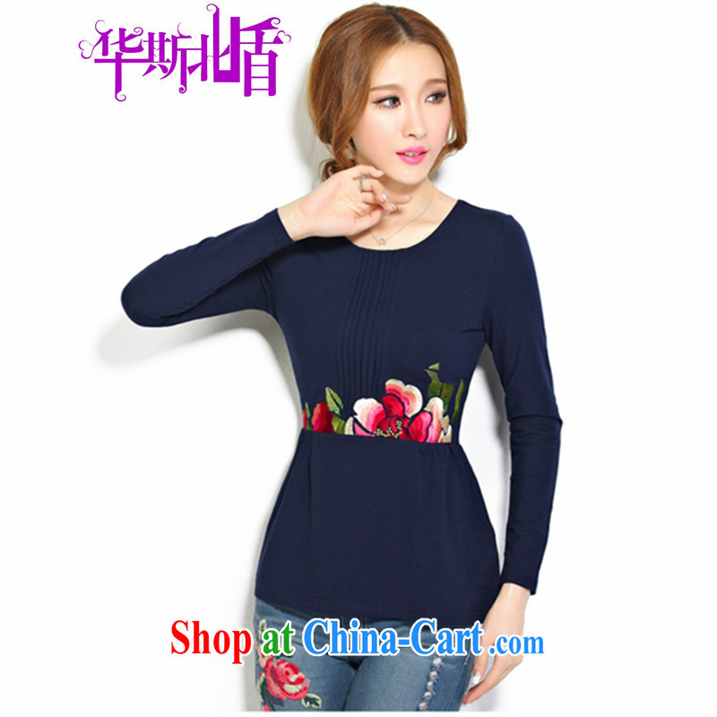 Autumn 2014 the new embroidery ethnic wind wrinkled the waist solid T-shirt large, long-sleeved female T shirt T-shirt royal blue XXXXL