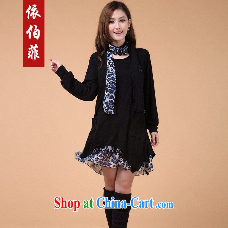 According to the Philippines 2014 autumn and winter new thick MM and indeed XL loose leave two Leopard stitching solid knitted dresses female Y 129 black 3 XL, perfect (Yibofei), online shopping