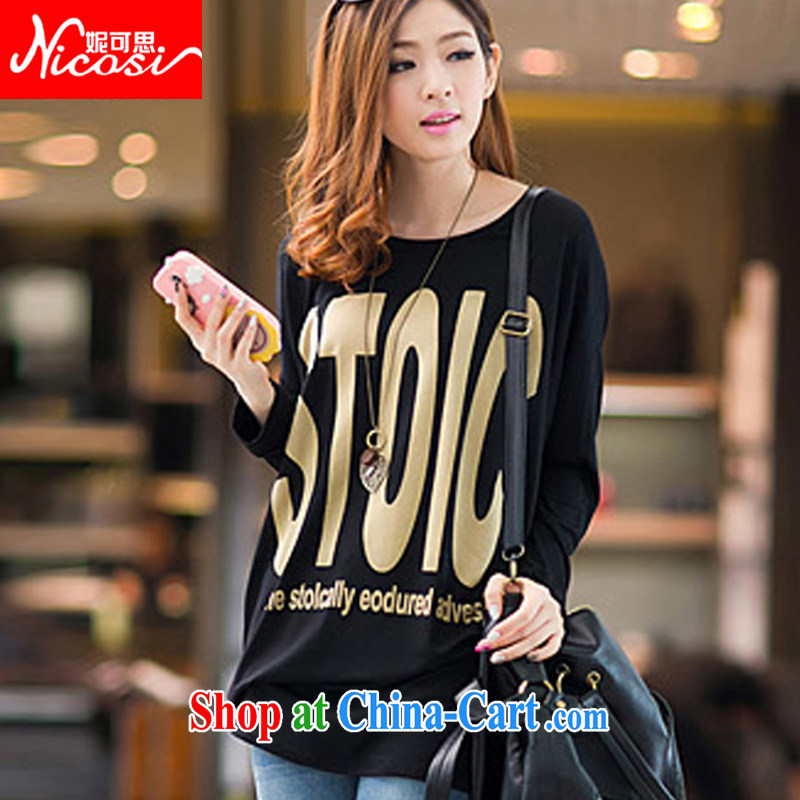 Connie to the Korean edition 2015 spring new thick mm larger female loose bat sleeves, long-neck long-sleeved stamp T solid shirt T-shirt T-shirt woman STOIC Edition Black 318 are code