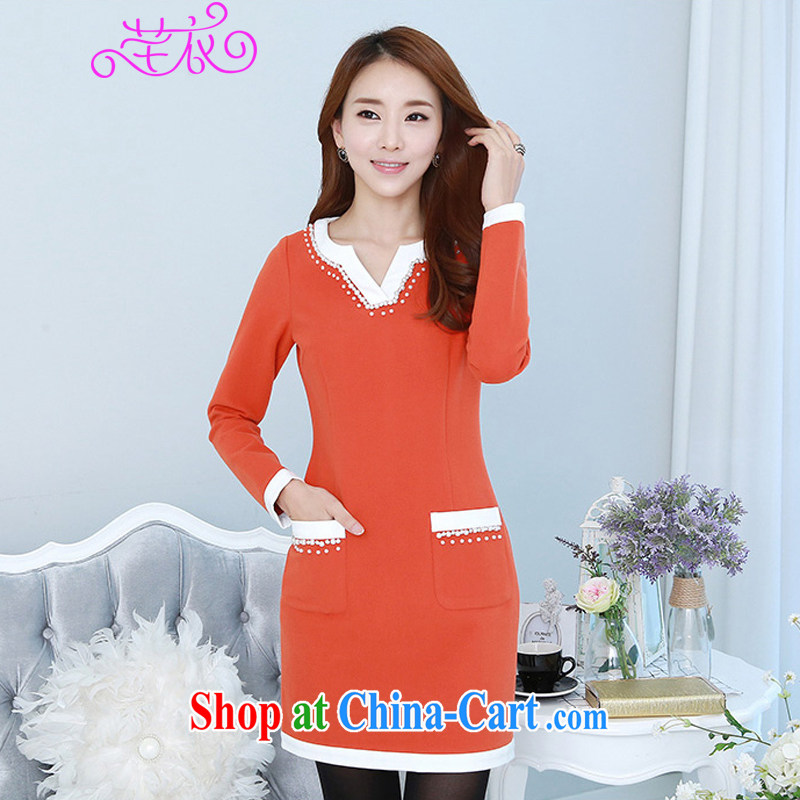 Constitution and clothing increased, indeed, women 2015 new autumn and winter clothes Korean fashion long-sleeved staple Ju-won V collar hit color dresses thick mm video thin 100 ground skirt orange 2 XL 135 - 150 jack