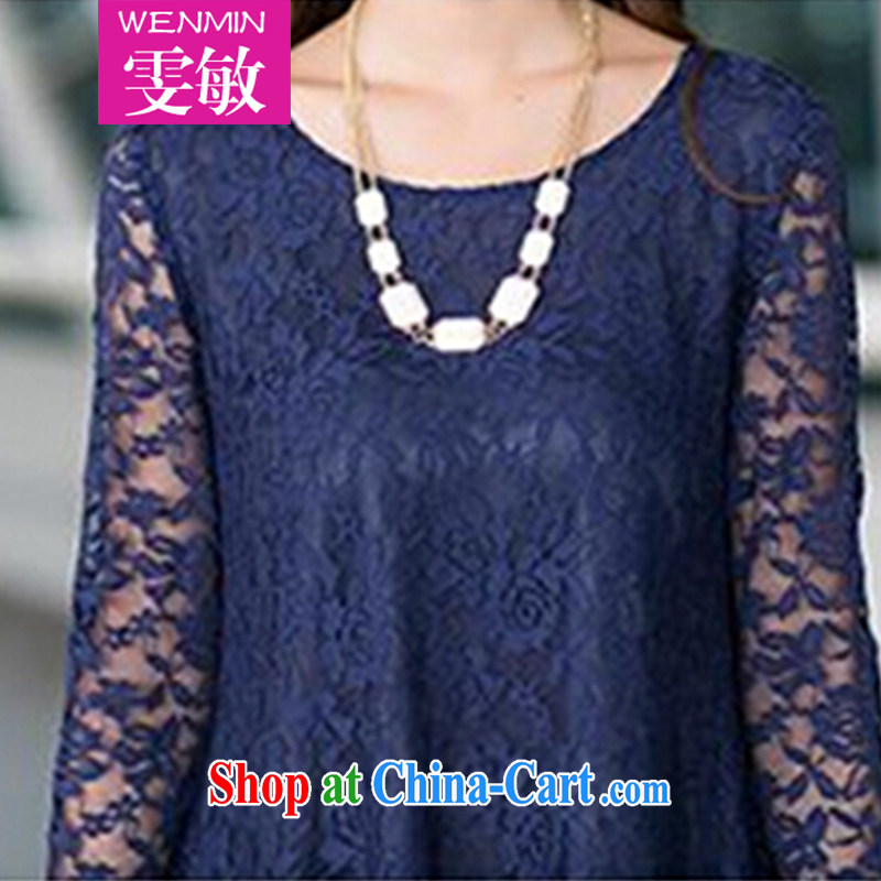 Wen Min autumn 2014 the Korean edition long-sleeved lace hook spent long in a large, female 1066 dark blue XXXXL, Wen Min, shopping on the Internet