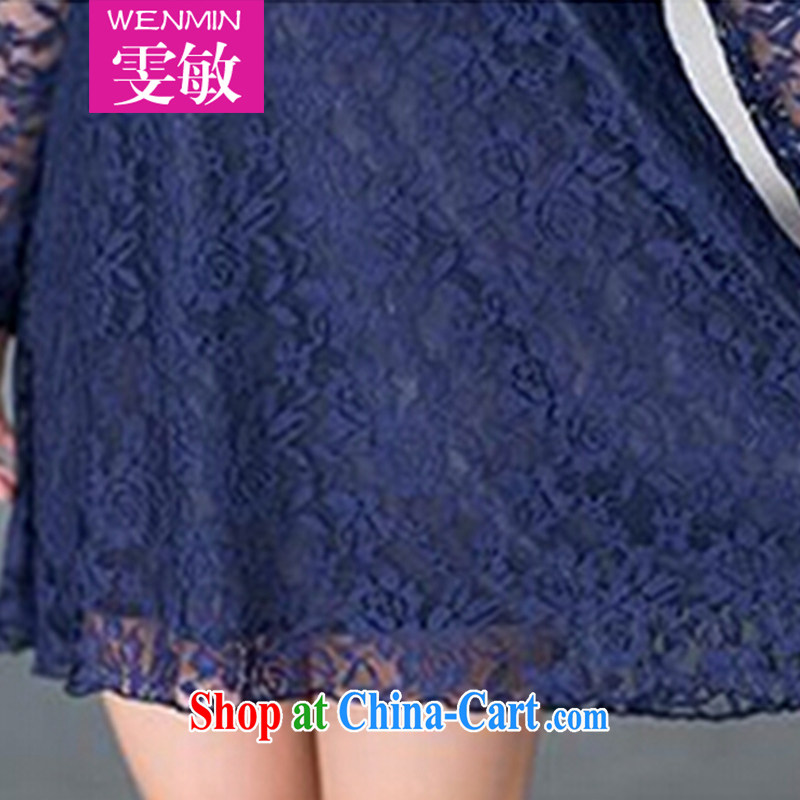 Wen Min autumn 2014 the Korean edition long-sleeved lace hook spent long in a large, female 1066 dark blue XXXXL, Wen Min, shopping on the Internet