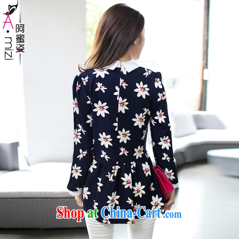 The honey autumn beauty with new products on the MM code female stamp lapel spider-waist graphics thin long-sleeved snow-woven shirts women 9145 blue XXXXL, the honey, and the Code female, online shopping