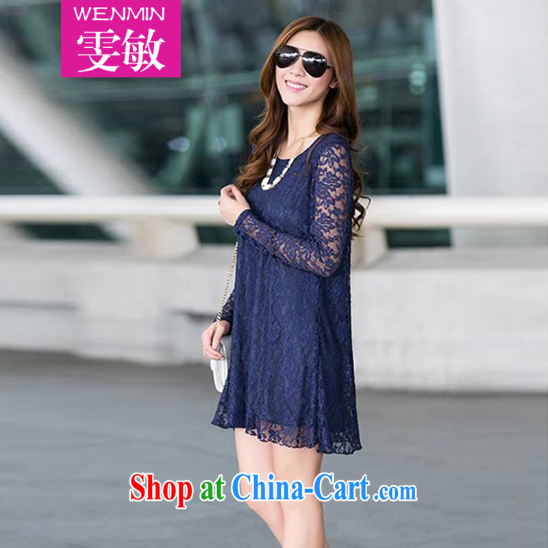 Wen Min autumn 2014 the Korean edition long-sleeved lace hook spent long in a large, female 5055 dark blue 5055 XXXL, Wen Min, shopping on the Internet