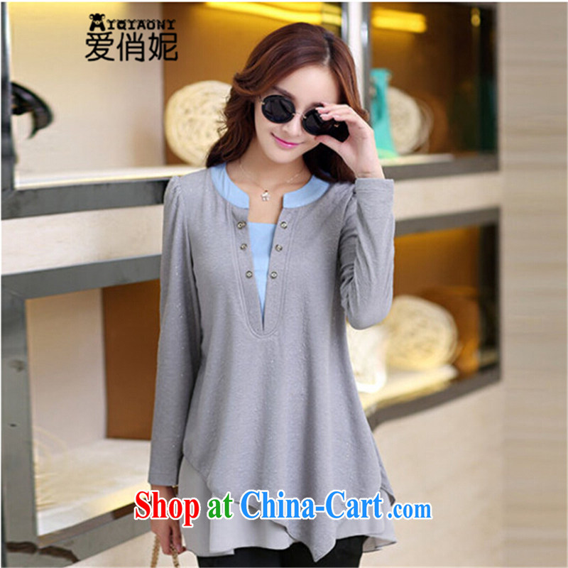 Love, Connie _AIQIAONI_ Autumn 2014 the new long-sleeved V collar stitching leave of two big, female solid shirt L 256 gray XXXL
