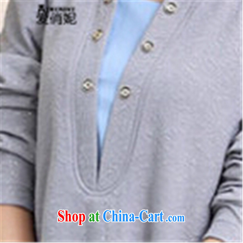 Love, Connie (AIQIAONI) Autumn 2014 the new long-sleeved V collar stitching leave of two big, female solid shirt L 256 gray XXXL, love, Connie (AIQIAONI), online shopping