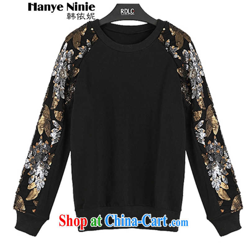 According to Korea Connie 2015 spring on the new larger women refined manually, knitting solid T-shirt 1151 black XXXXXL