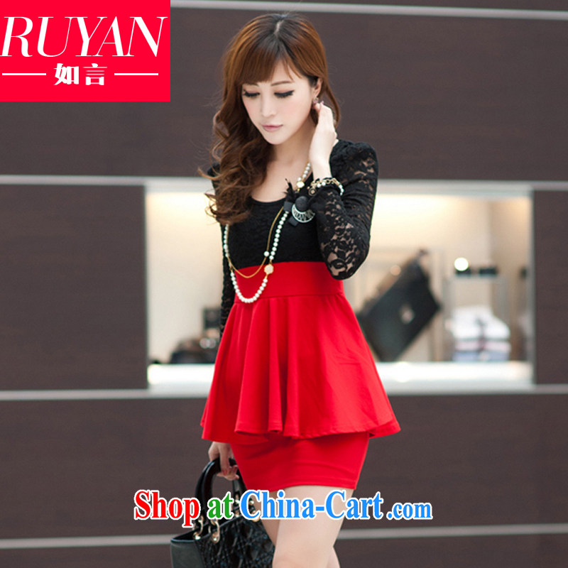 mm thick and fat XL female Spring, Spring 2015 new Korean thick sister beauty graphics thin-waist lace flouncing package and long-sleeved dresses solid red and black XXXL, such as statements (RUYAN), online shopping