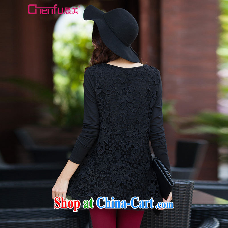 Morning would be 2015 new spring loaded the Code women with stylish and elegant 100 ground stitching lace shirt-neck graphics thin lace hook take leave of two 100 hem, with solid black T-shirt 4 XL (suitable for 165 - 180 catties, morning, and, on-line shopping