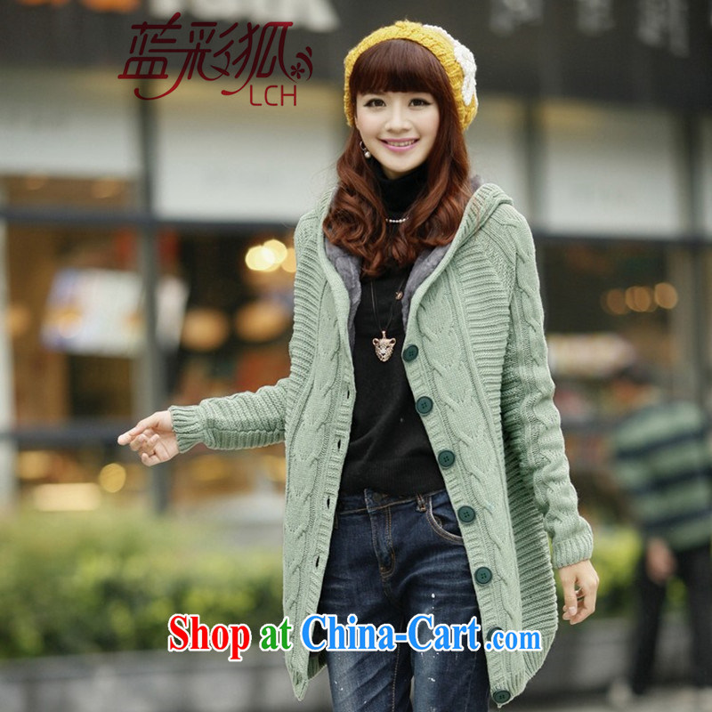 Blue Fox fall and winter new Korean twist click the coin, long cap on T-shirt the lint-free cloth thick warm sweater jacket girls the green is code, blue Fox (Lancaihu), online shopping