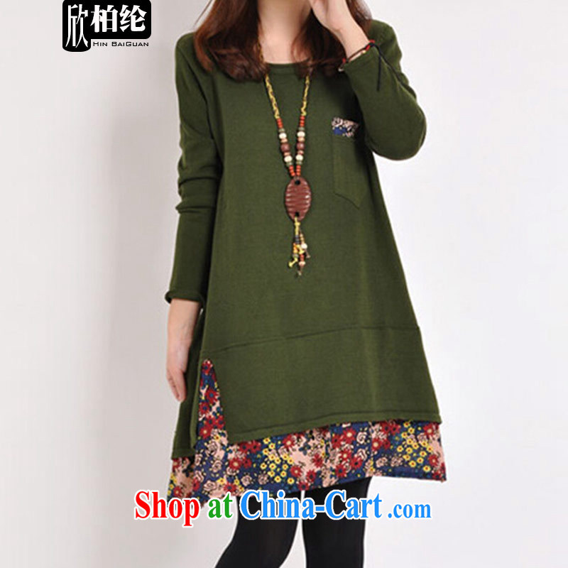 Yan Po Lun 2015 spring new larger female thick mm long-sleeved solid floral stitching leisure dress Female F 1866 green XXL