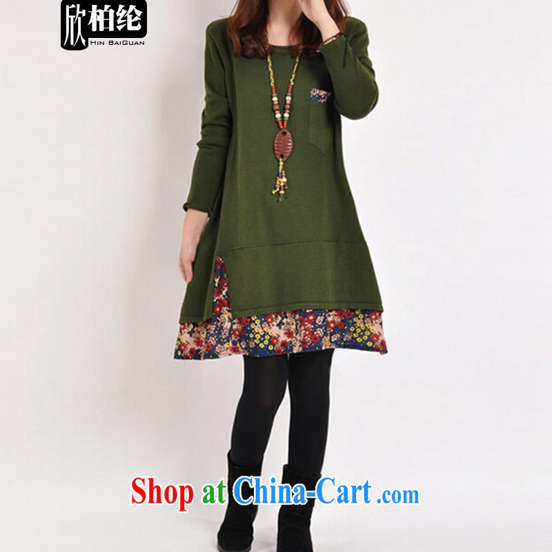 Yan Bo Michael spring 2015 the new, larger female thick mm long-sleeved solid floral stitching leisure dress girls F 1866 green XXL, Pak Yan, William, and shopping on the Internet