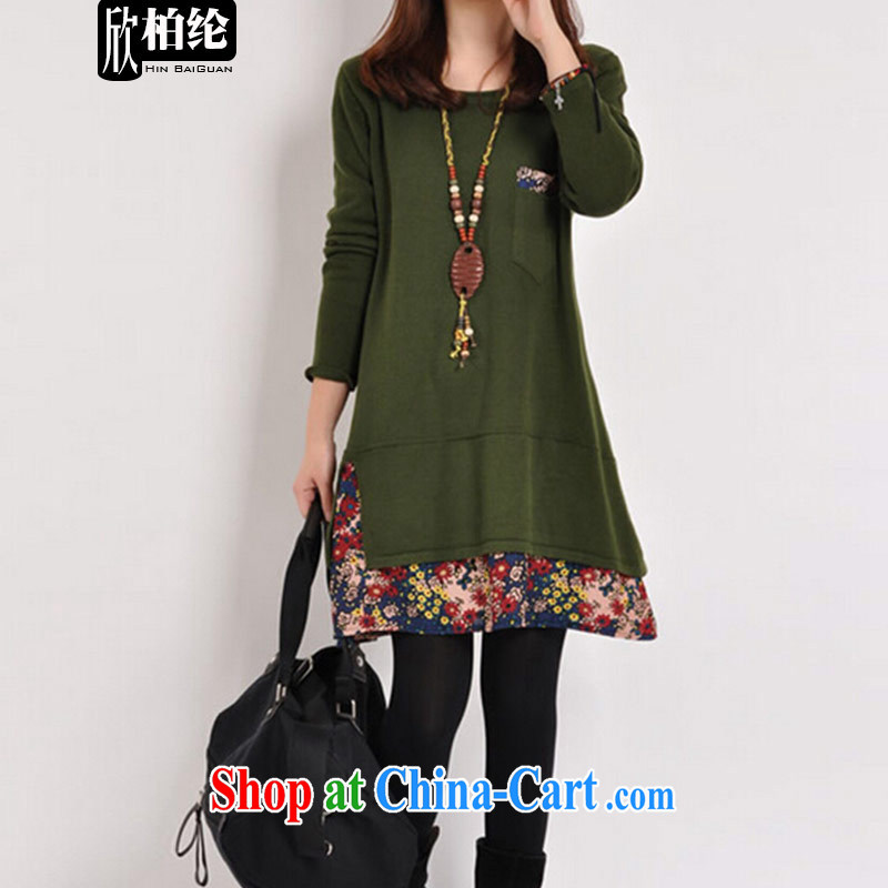 Yan Bo Michael spring 2015 the new, larger female thick mm long-sleeved solid floral stitching leisure dress girls F 1866 green XXL, Pak Yan, William, and shopping on the Internet