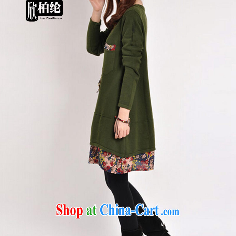 Yan Bo Michael spring 2015 the new, larger female thick mm long-sleeved solid floral stitching leisure dress girls F 1866 green XXL, Pak Yan, William, and shopping on the Internet