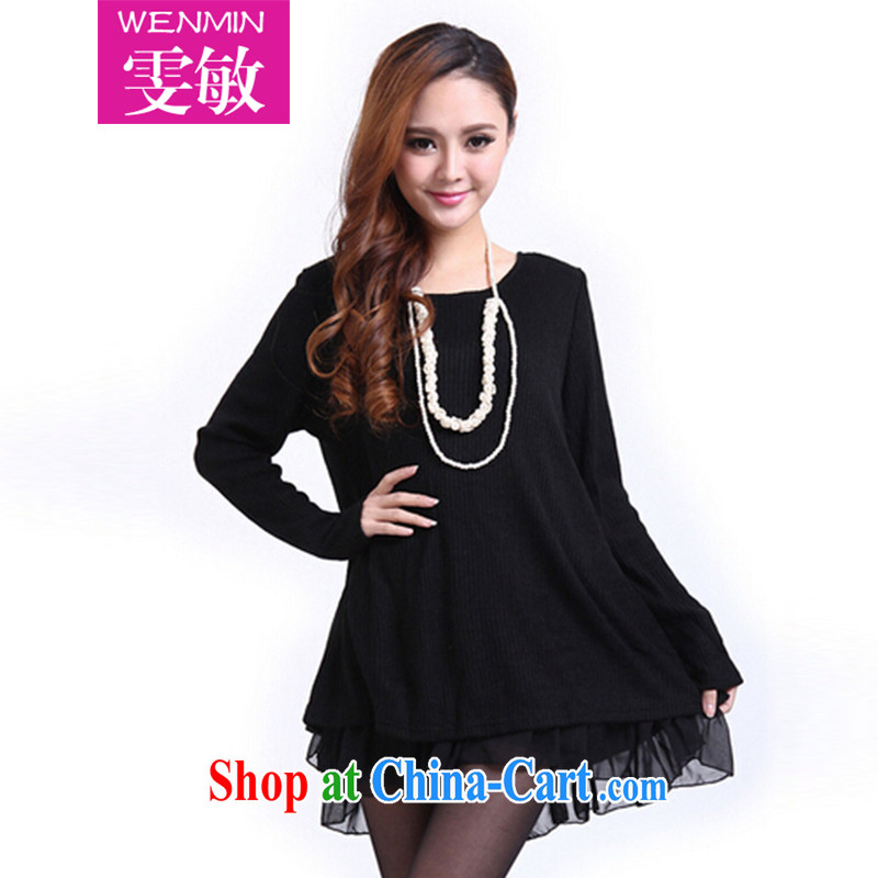 Wen Min 2014 Korean autumn with new leave two flouncing, long, large, female 5020 black XXL