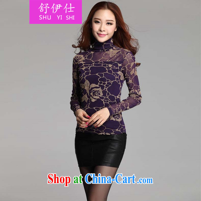 Shu yi shi 2015 spring and summer new, extra-large, yarn and clothing solid T-shirt high-collar Openwork Web yarn small shirts stacks style personalized T-shirt sexy clothing purple XXXXL