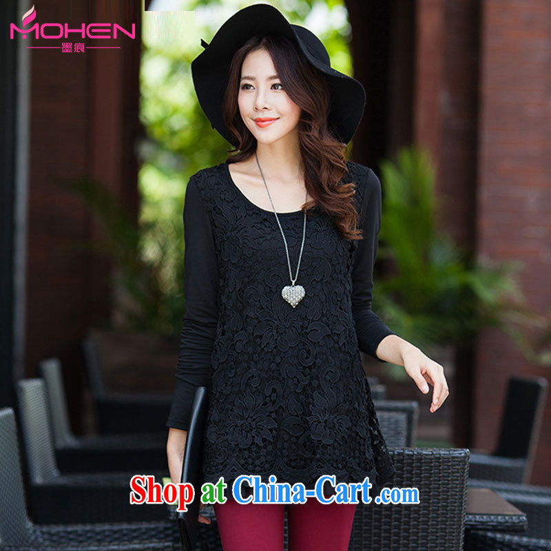 The ink marks spring 2015 modern Korean version of the new, larger female round-collar simple lace check take double-decker T-shirt solid black T-shirt 4 XL _suitable for 165 - 180 jack_