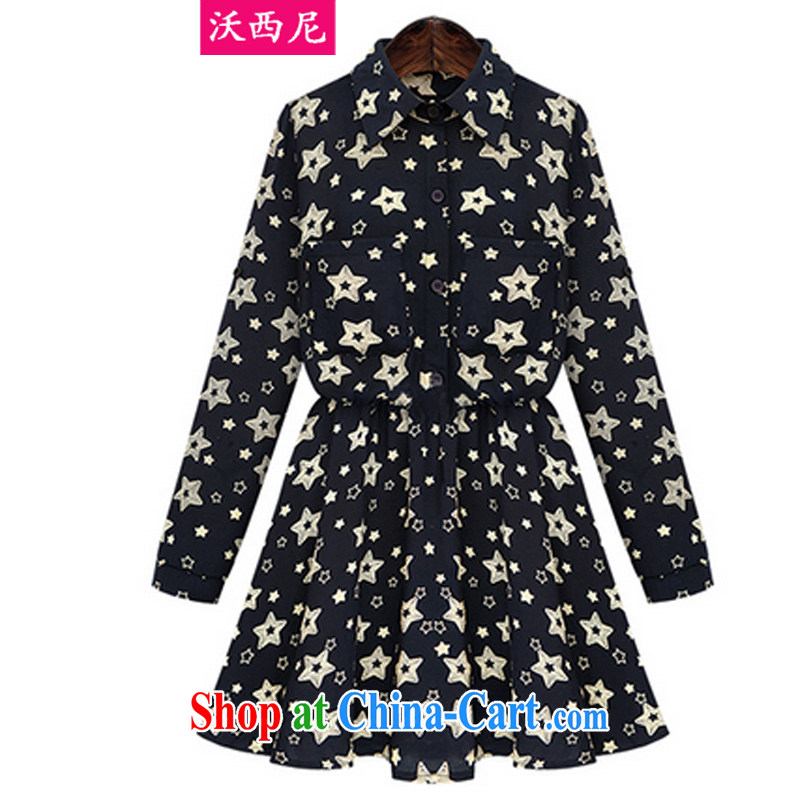 The European site 2014 fall and winter clothes new Europe the code round-collar long-sleeved stamp dress flouncing floral dark blue XXXXXL