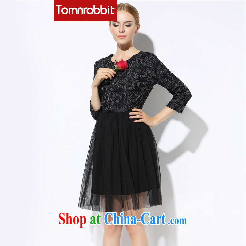 Tomnrabbit fall 2014 New Europe, larger female-waist graphics thin, long, 7 cuff dress black L