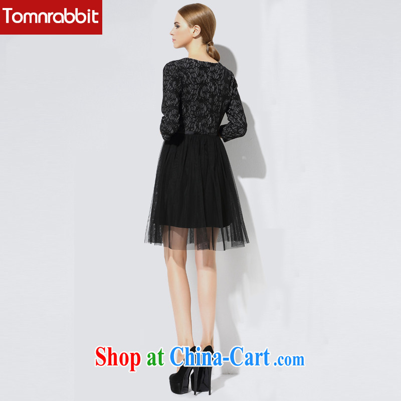 Tomnrabbit autumn 2014 the new Europe and North America, the girl with the waist graphics thin, long, 7 cuff dress black L, Tomnrabbit, shopping on the Internet