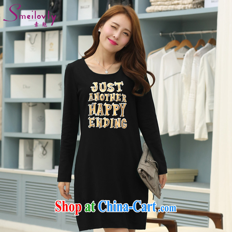 Staff of the fertilizer XL female thick mm 2014 new autumn and winter clothing Korean leisure long-sleeved solid dress loose cotton S 1718 black 2 XL