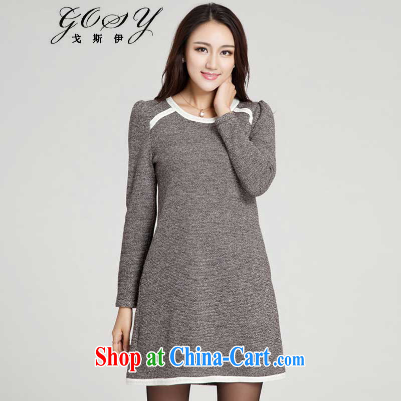 Goss _GOSY_ Autumn 2014 the new, larger female fat people cultivating results in Europe and America, solid color knit long-sleeved dresses gray XXXL