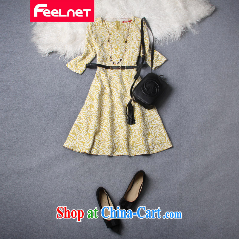 Feelnet dresses skirts thick mm summer spring new 2015 Korean literature in Europe and the Code female graphics thin dresses 2192 yellow large code 5 XL, FeelNET, shopping on the Internet