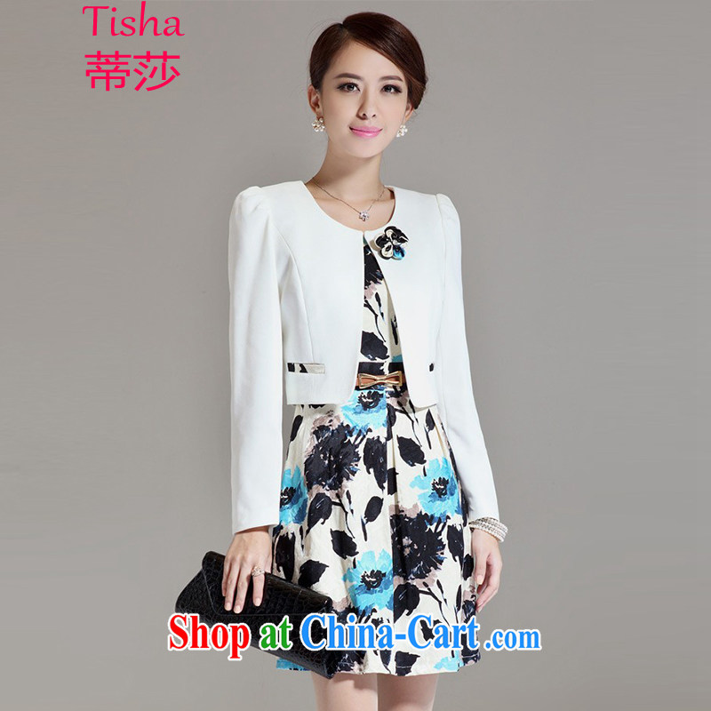 Tisha 2014 Korean Version Stamp cultivating long-sleeved dresses + small jacket two-piece D 7802 white XXXL