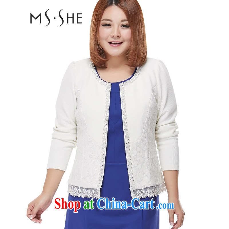 MSSHE XL ladies' 2014 new Autumn with lace nails Pearl commuter small jacket small fragrant wind 3954 white 3XL
