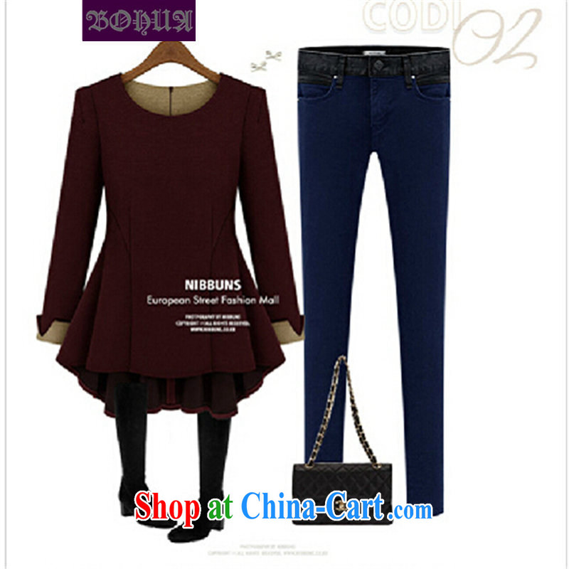 And Jacob, 2014 new, larger female long-sleeved top, T-shirt thick mm loose video thin increase the fat solid T-shirt N 130 wine red XXXXXL, and Jacob, and shopping on the Internet