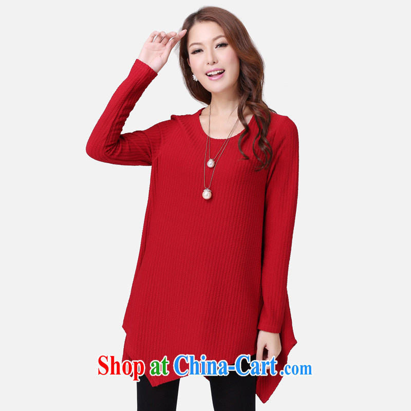 Cloud-XL women autumn 2014 the new Korean solid shirt thick MM relaxed, long, long-sleeved shirt T female wine red 3XL