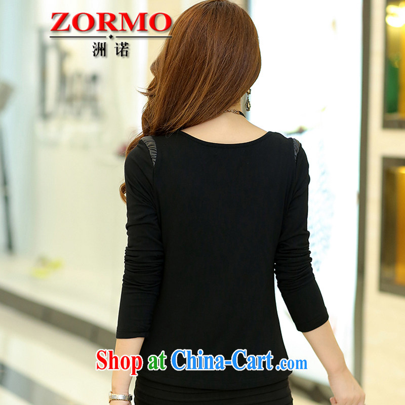 ZORMO Korean female autumn and winter, PU leather stitching hot drill the fat increase, female solid shirt thick mm the lint-free cloth T-shirt black 5 XL 175 - 195 jack, ZORMO, shopping on the Internet