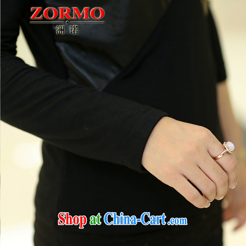 ZORMO Korean female autumn and winter, PU leather stitching hot drill the fat increase, female solid shirt thick mm the lint-free cloth T-shirt black 5 XL 175 - 195 jack, ZORMO, shopping on the Internet