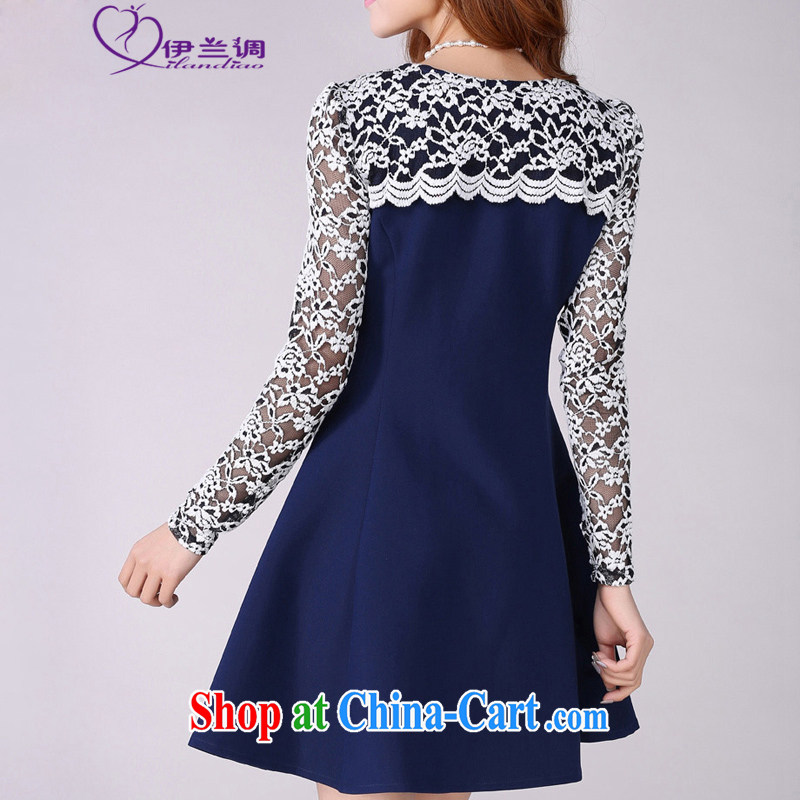 The blue-XL fat, female dress long-sleeved lace China wind graphics thin 2015 spring new Korean Beauty mm thick lady skirt blue 2 XL 115 - 130 jack, the blue, and, shopping on the Internet