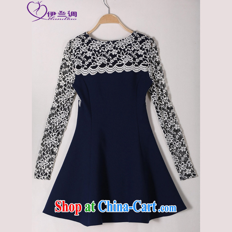 The blue-XL fat, female dress long-sleeved lace China wind graphics thin 2015 spring new Korean Beauty mm thick lady skirt blue 2 XL 115 - 130 jack, the blue, and, shopping on the Internet