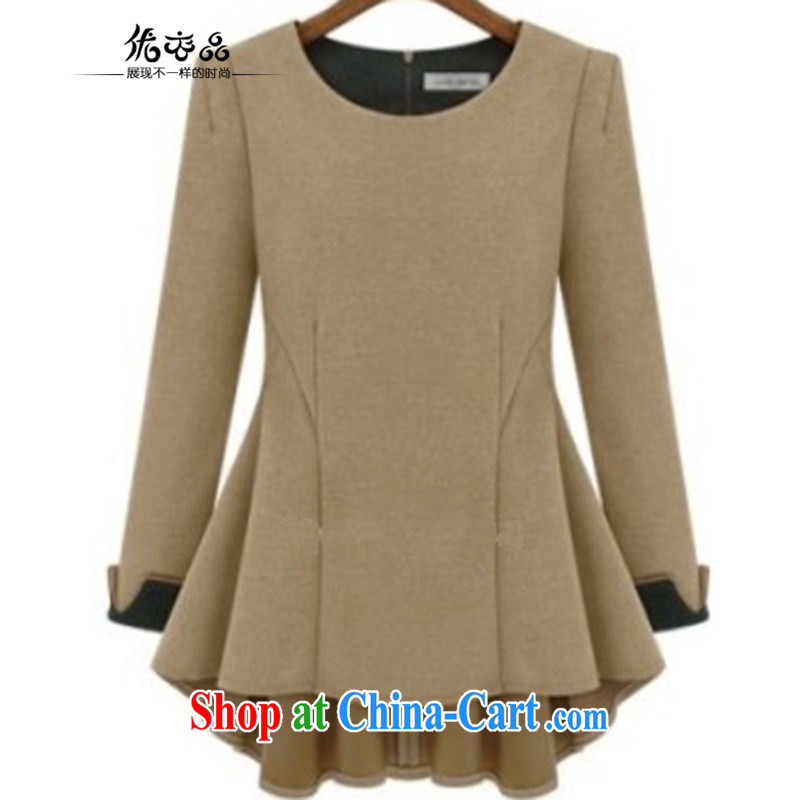 A woman in Europe and by 2015 the code female long-sleeved round-neck collar 100 100 civil servants to increase the fat T-shirt jacket _L 9816 apricot XXXL