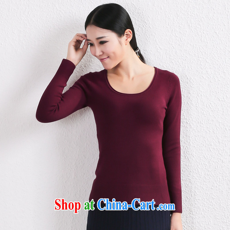 Korean version thicken the code female round-collar short beauty sweater solid shirt low collar thick solid sweater-coat wine red XL