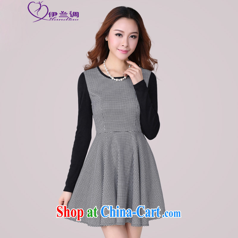The LAN-XL fat people dress dresses 2015 spring new cultivating Korean gray cells graphics thin thick mm long-sleeved ladies even temperament and skirt black-and-white 3XL 130 - 145 jack, the blue, and, shopping on the Internet